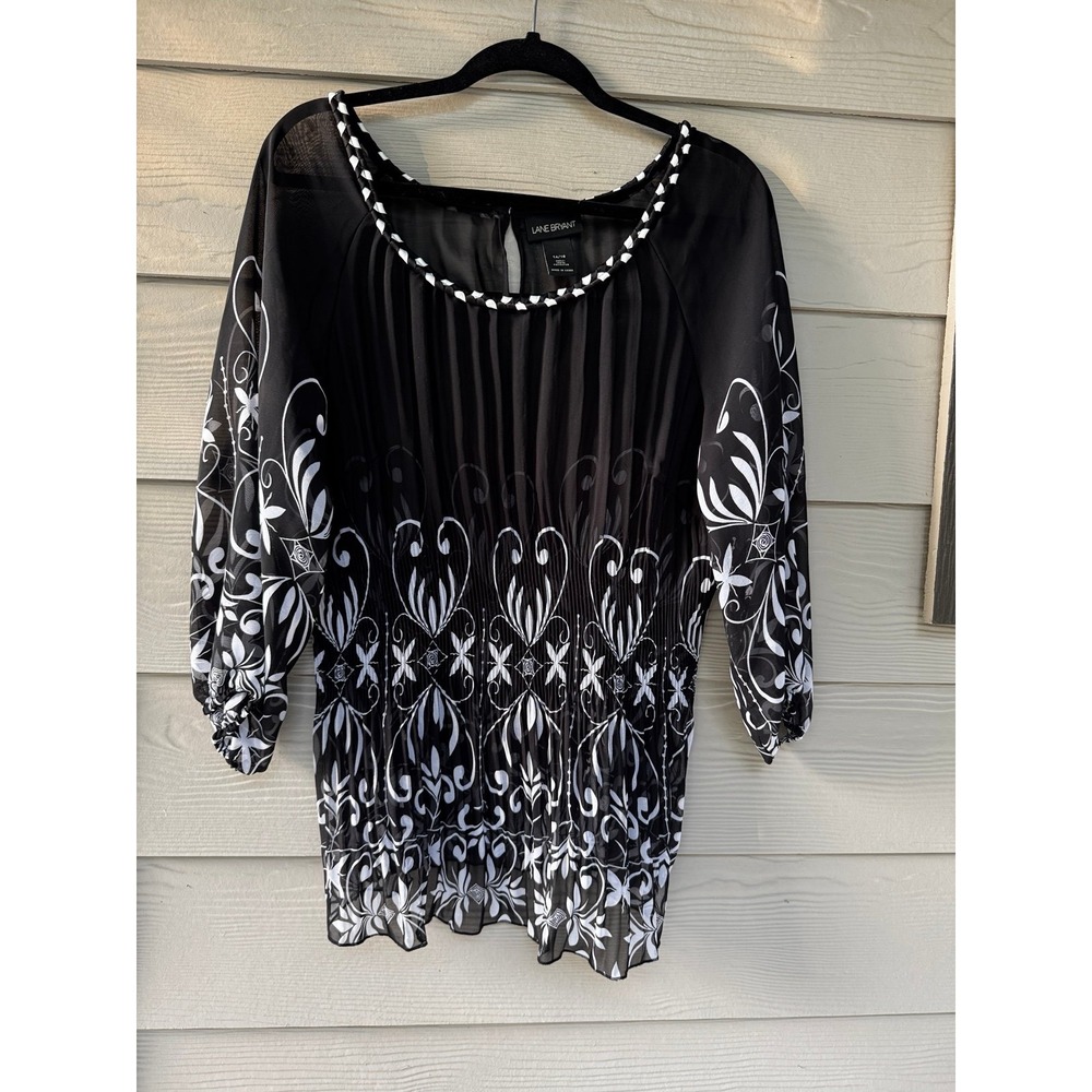 Lane Bryant Black White Floral Sheer Blouse Smocked Waist Plus Size 14/16